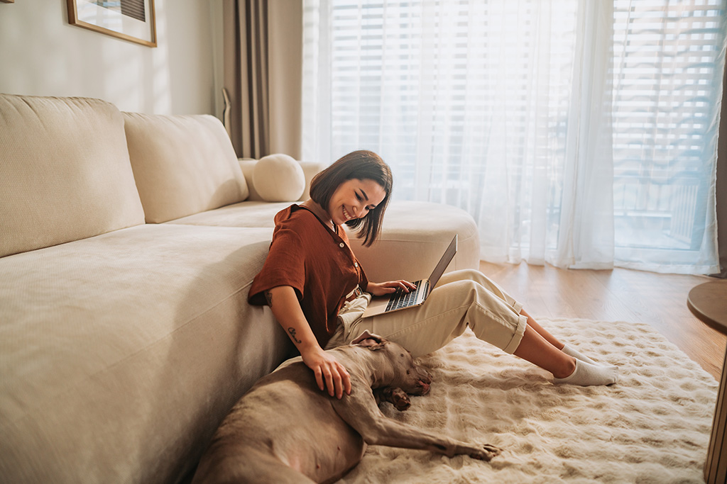 Woman sitting on a plush clean carpet with a laptop, smiling at her relaxed dog beside her. Sunlight filters through sheer curtains, creating a cozy ambiance.